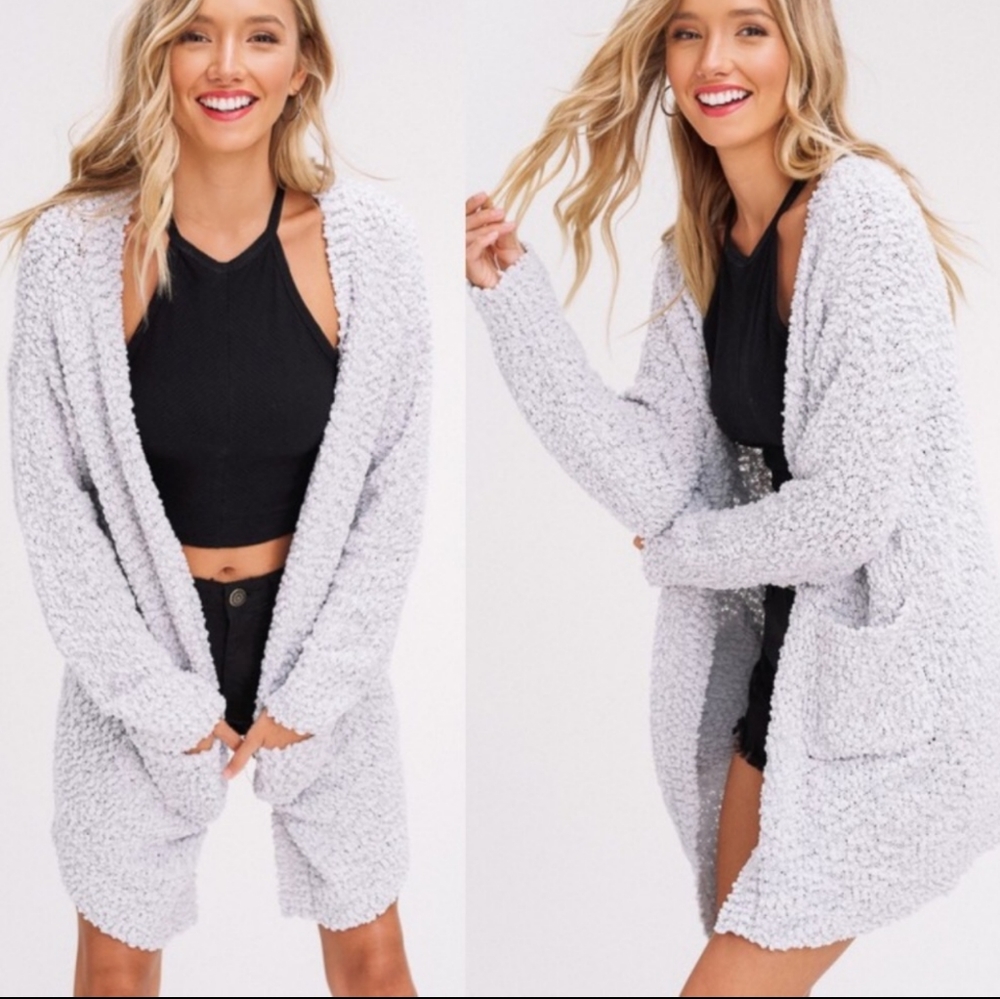 Cardigan Sweater Soft Drapey Longline Relaxed Fit Textured Silver Grey Med NWT